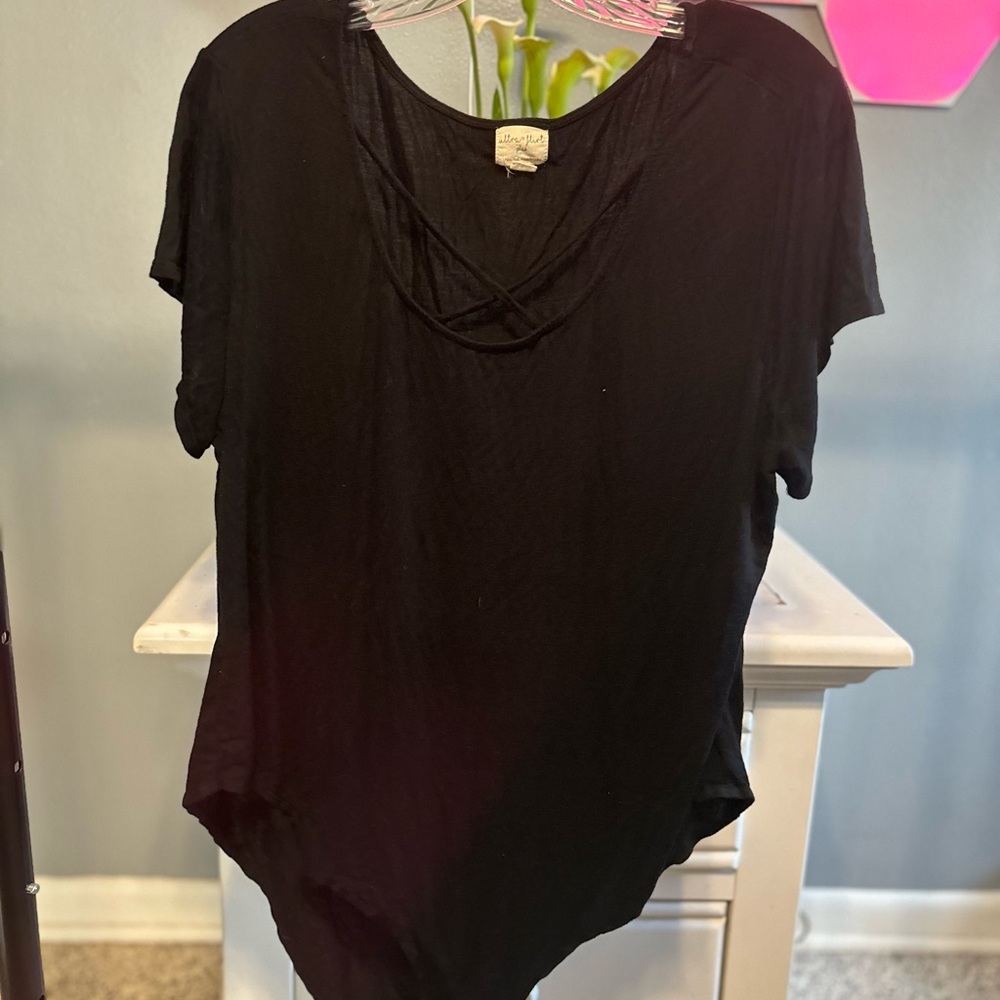 Black plus bodysuit T with criss cross detail